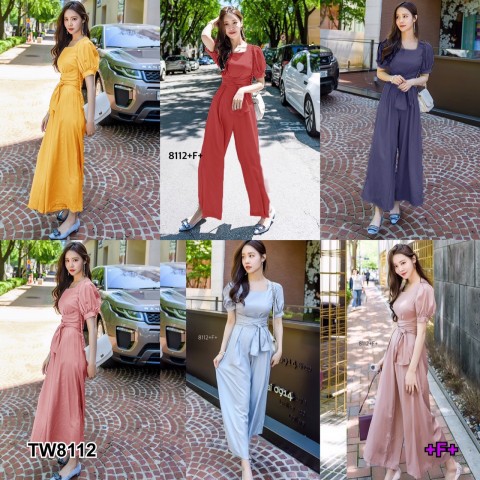 TwinsShopVip พร้อมส่ง TW8112 จั้มสูทคอเหลี่ยมขายาว ผูกเอว