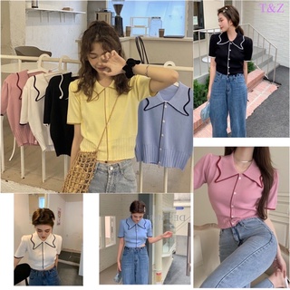 ttshop🌟พร้อมส่ง 🌟เสื้อไหมพรมครอปแขนสั้น ดีเทลกระดุมผ่ากลาง มีหลายสี่ให้เลือก