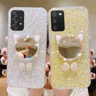 ใหม่ เคสโทรศัพท์มือถือ ลายแมว ประดับเพชร พร้อมกระจกแต่งหน้า สําหรับ Samsung Galaxy M32 M22 A03S A32 A22 A72 A52S A52 4G 5G