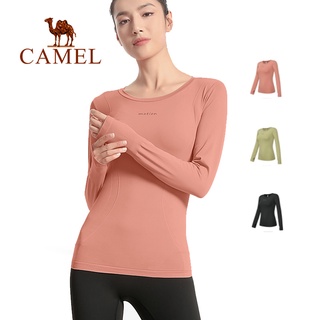 Camel เสื้อผ้าโยคะ เสื้อกีฬาผู้หญิง แขนยาว เสื้อยืดรัดรูป