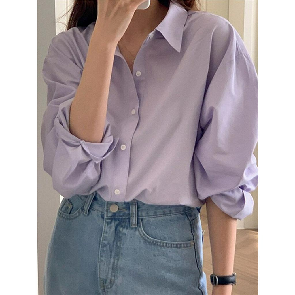 ล้างสต็อก🔥 PB2988😁เสื้อเชิ้ตคอปกแขนยาวผู้หญิงสีทึบเรียบง่าย oversize เสื้อสีม่วงสไตล์แฟชั่นเกาหลีวินเทจ แมชง่ายกับทุกลุค