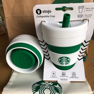 Starbucks x Stojo Tumbler Collapsible Cup Green White 16 Oz.  แก้วสตาร์บัคส์ ยืดหดได้ พกสะดวก  ความจุ 16 Oz. สูง 14.5 ซม