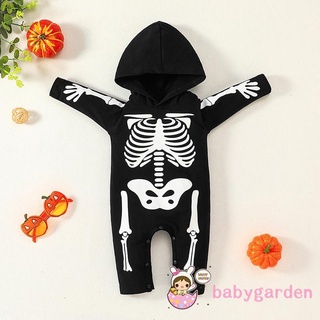 Babygarden-0-12months ชุดจั๊มสูทยาว แขนยาว มีฮู้ด พิมพ์ลายโครงกระดูก ฮาโลวีน สําหรับเด็กผู้ชาย