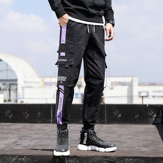 ⚡️S-5XL⚡️multi-กระเป๋า แฟชั่น ขอบสีขาว กางเกงลำลอง ผู้ชาย หลวม overalls