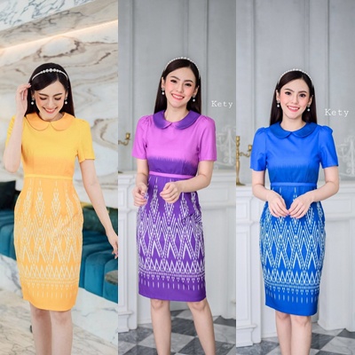เดรสผ้าไหมญี่ปุ่นคอบัว บุซับในทั้งตัวซิบซ่อนด้านหลัง เกรดพรีเมี่ยม (S-3XL) KSPC08