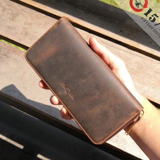 Fifteen Sixteen กระเป๋าสตางค์ ใบยาว ซิปรอบ หนังน้ำมัน พร้อมส่ง รุ่น Crazy Horse Wallet : C8875