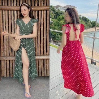 เดรสยาวแหวกหน้า งานแต่งระบายสวยพลิ้ว เว้าหลัง ลายจุด