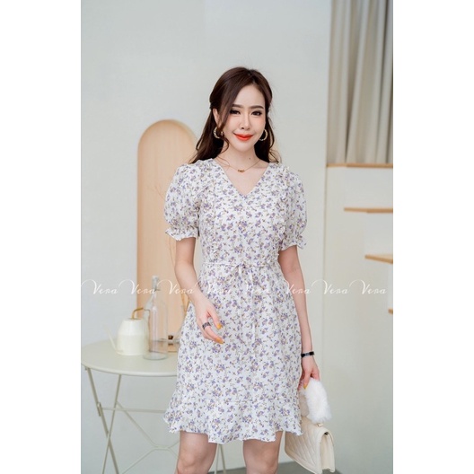 Pls.16 เดรสลายดอกคอวี แขนตุ๊กตาแต่งแถบระบาย | Shopee Thailand