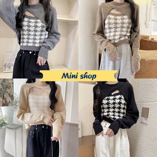 Mini shop🌸พร้อมส่ง🌸 (9A55+9A56) เซ็ท เสื้อกล้ามไหมพรม+เสื้อครอปแขนยาว ลายชิโนริ น่ารักมาก