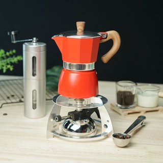 (สีแดง) ชุดเตาแก๊สมินิ  + กาต้มมอคค่าพอท moka pot 3cup + เครื่องบดมือหมุน + ช้อนตักกาแฟ