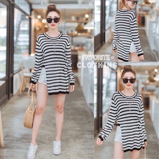 🌈🌿🌸🌼🌺🤎🧡🇰🇷Knit Stripe Side slit Long Sleeve Blouse