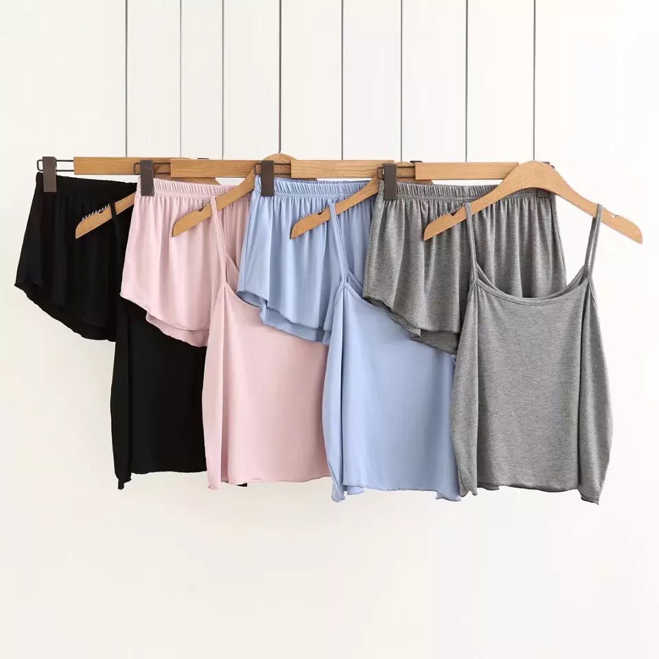 ชุดนอนสายเดี่ยว+กางเกงขาสั้น สีพื้น ใส่สบาย – โปรปัง