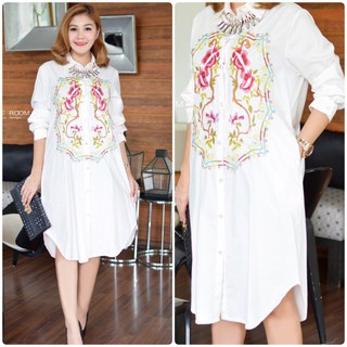 สีขาว** รอบอก 44" D&amp;G Rose Embroider with Premium Cotton ShirtDress