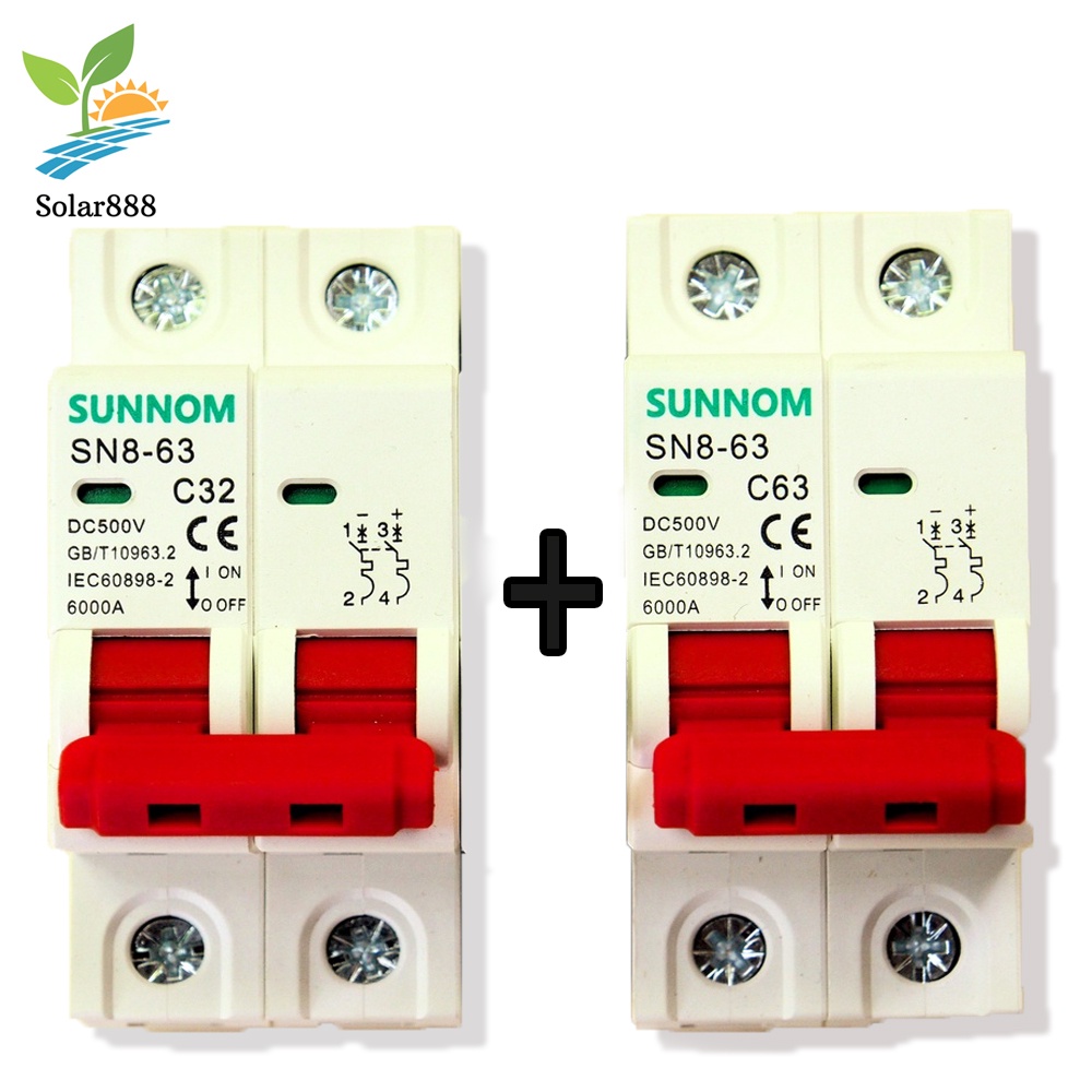 DC MCB 500V 32AMP + 63AMP Breaker SUNNOM 2P  เบรกเกอร์ สำหรับโซล่าเซลล์ ติดตั้งในตู้คอนโทรล ป้องกันไม่ให้โอเวอร์โหลด