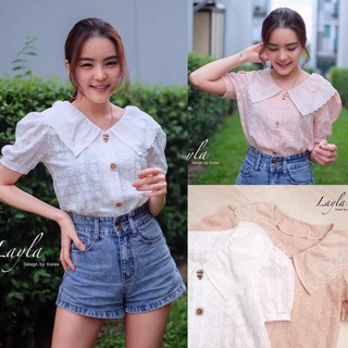 พร้อมส่ง-layla เสื้อคอตตอนปักลายดอกไม้หวานๆ แต่งปกใหญ่ลายฉลุสวยๆ ทรงน่ารักแขนตุ๊กตา