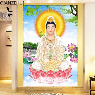 ภาพวาดปักเพชร ทรงกลม ลายพระพุทธรูป Avalokitesvara ดอกลิลลี่ พระโพธิสัตว์ 5D DIY สําหรับตกแต่งบ้าน ห้องนั่งเล่น