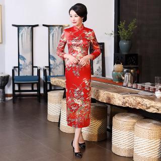 แห่งชาติจีน Cheongsam ผู้หญิงบางชุดยาวแขนยาวชุดวินเทจ