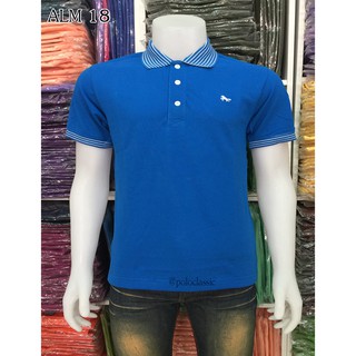 เสื้อโปโล คอลายแฟชั่น ALM18 สีฟ้าเข้ม  ไม่มีกระเป๋า คอลายแฟชั่น เนื้อผ้า Cotton 100%