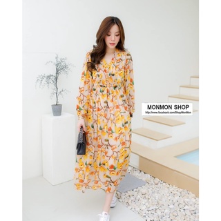 MONMON SHOP 💐MON5485 Floral Printed Maxi Dress แม็กซี่เดรสพิมพ์ลายดอกไม้ ช่วงอกด้านหน้าแต่งกระดุมปั๊มเรียง งานน่ารักมากๆ