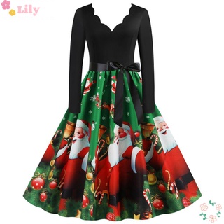 LILY Dress Stitching Dress V-neck Dress Printed Dress Ladies Christmas Dress