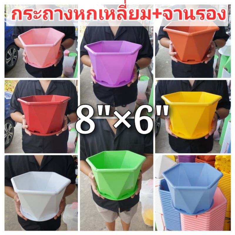 กระถางพลาสติกหกเหลี่ยมพร้อมจานรอง ขนาด 8"×6" (มี 8สีให้เลือก)