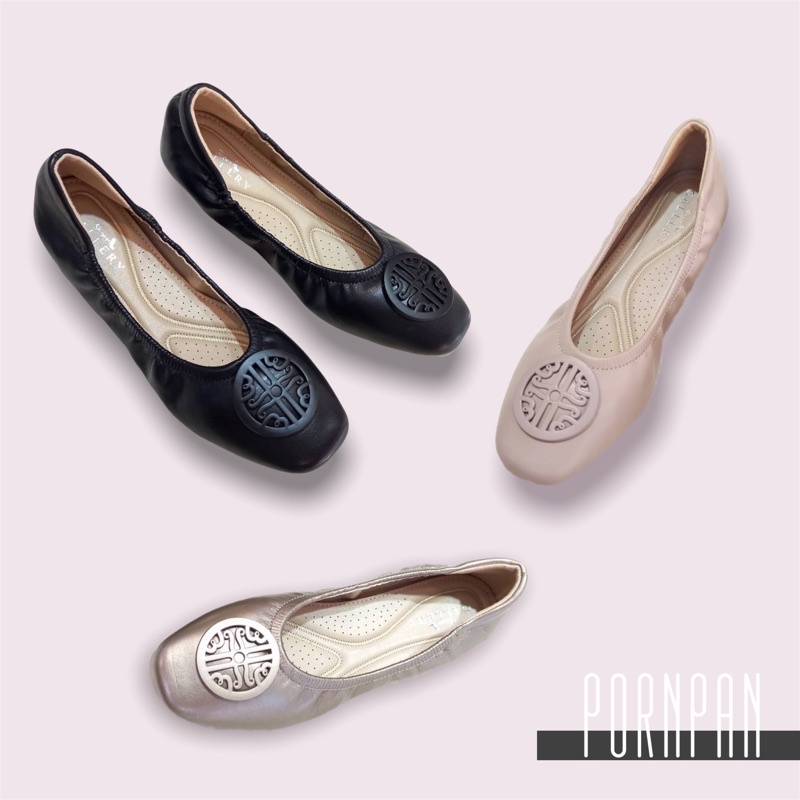 Shoes Gallery รองเท้า คัชชู ทำงาน หัวตัด ไม่มีส้น ส้นแบน รองเท้า pu หนังแกะ พื้นนิ่ม สีดำ กะปิ ทอง T