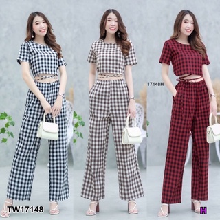 TwinsShopVip💗พร้อมส่ง TW17148 set 2 ชิ้น เสื้อแขนสั้นทรงครอปมีเชือกผูกเอว ลายสก็อต + กางเกงขายาวลายสก็อต