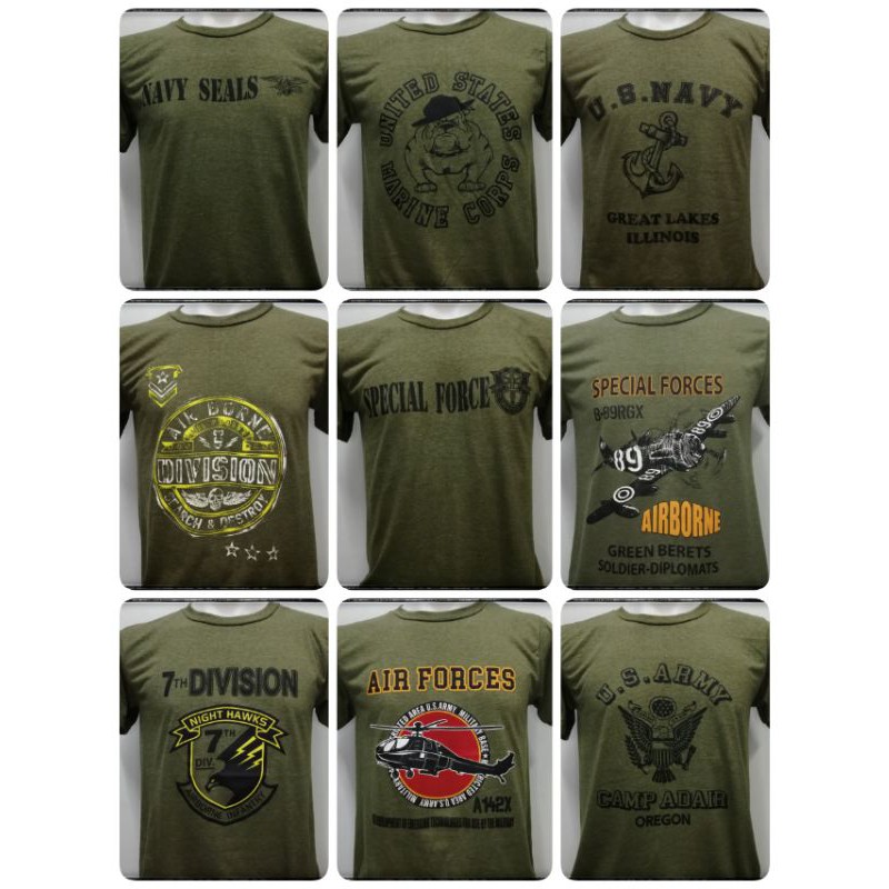 เสื้อทหารUSAสีขี้ม้า ลายUS ARMY, USMC,CAVALRY, AIRBORNE, NAVY SEALS