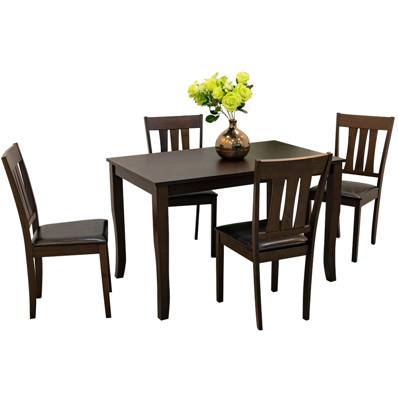 kai-fur ชุดโต๊ะกินข้าวไม้จริงทั้งชุด ขนาด 4 ที่นั่ง เก้าอี้หุ้มเบาะหนัง PU