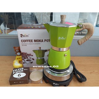 เซตสุดคุ้ม Mokapot 6cup เซตพร้อมใช้งาน ได้ หม้อต้มกาแฟสด​6cup ZBOSS, กระดาษกรอง, เตาฮอทเพทไฟฟ้า 500วัตต์