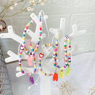 Handmade🐻สร้อยข้อมือลูกปัดเม็ดทราย+จี้น้องหมี So cute🐻ร้อยด้วยเชือกเทียน มีหลายสีให้เลือก ปรับขนาดได้❣️