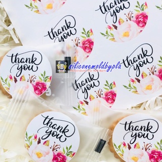 สติ๊กเกอร์ สติ๊กเกอร์ติดถุงขนมหรืออื่นๆ ลาย Thank you ดอกไม้สีขาว-สีแดง 12 ดวง/แผ่น