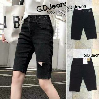 G.D.Jeans รุ่น 5363-1#กางเกงยีนส์ผ้ายืดสีดำสามสวนงานปักขอบเอวกางเกง 💦💦