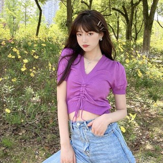 LC002 เสื้อสเวตเตอร์แขนสั้นแบบมีเชือกรูด
