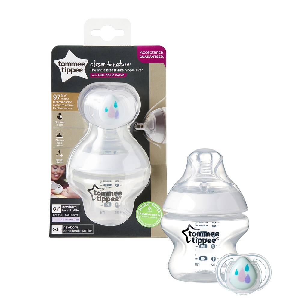 Tommee tippee 150ml  w/ 0-2m Soother ขวดนม ทอมมี่ ทิปปี้ ฐานกว้าง รุ่น Closer to Nature ขนาด 5 oz +จ