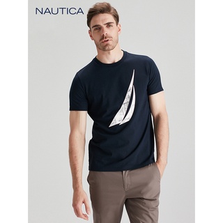 เสื้อยืดสีขาวNautica/Nordica เสื้อยืดคอกลมแขนสั้นพิมพ์ลายเรือใบสําหรับผู้ชาย