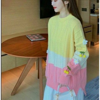 เสื้อไหมพรมคอกลมแขนยาว OVERSIZE สีพาสเทลน่ารักกก แต่งเชอรี่ เนื้อผ้าใส่สบาย