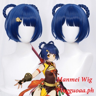 【Manmei】Genshin Impact Xiangling Cosplay 30cm Christmas Blue Black Wig Cosplay Anime Wigs Heat Resistant Synthetic Wigs Halloween