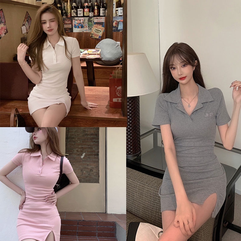ชุดเดรสสีพื้นผ้านิ่มใส่สบาย ชุดเดรสรัดรูป เซ็กซี่ แฟชั่น