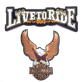 ตัวรีดติดหลังเสื้อขนาดใหญ่ 2 ชิ้น LIVE TO RIDE + Upwing Eagle Commander Harley Davidson motorcycle iron on patch