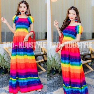 #ตุ๊กตาแขนสั้นเรนโบว์ Maxi dress  แมกซี่เดรสลายขายดีอมตะ แขนตุ๊กตาคอปาดใส่ยางดึงสม้อคใส่ได้สองแบบ