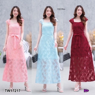 ME17217 Maxi dress ลูกไม้ลายดอกทานตะวันจิ๋ว ทรงคอเหลี่ยมแขนล้ำแต่งรูดย่นที่สายเสื้อ มีโบว์ผูกเอวปรับระดับได้ มีซิปซ่อนด้