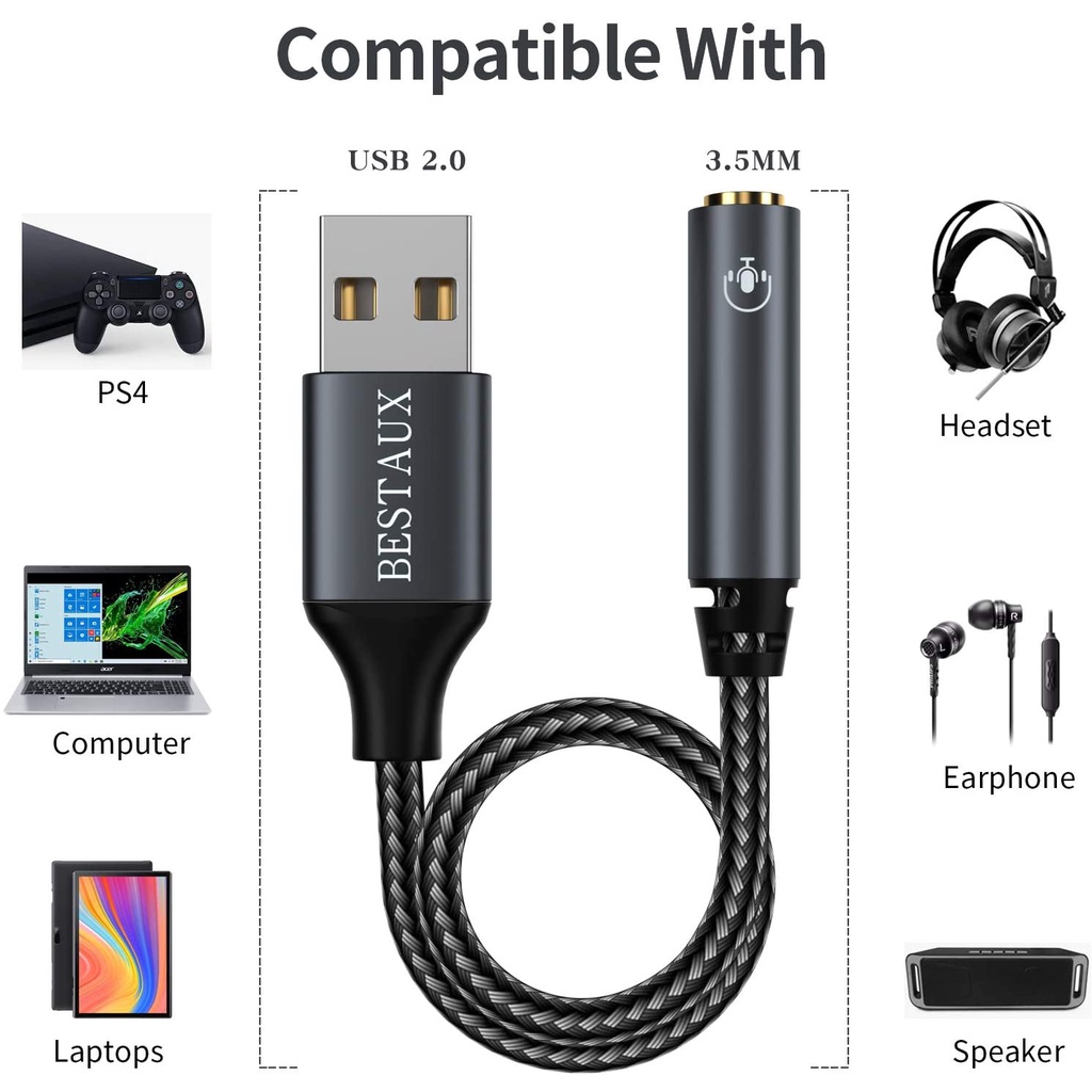 2 in 1 อะแดปเตอร์การ์ดเสียงภายนอก USB สําหรับโน้ตบุ๊ก PS4