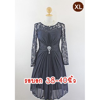 E1941-1-XL-ชุดราตรีคนอ้วน สีดำ ผ้าสแปนเด็กซ์ตาข่ายยืดเนื้อนิ่มมากและผ้าลูกไม้ยืด(ไม่มีเข็มกลัดให้)