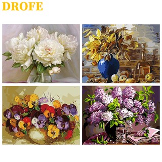 DROFE ภาพวาดระบายสีตามตัวเลข ผ้าใบ รูปดอกไม้ พร้อมสี ขนาด 50X40 ซม.