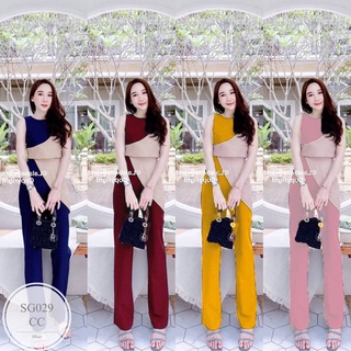 ML029 Set 2 ชิ้น เสื้อครอป ตัดต่อผ้าสลับสี เนื้อผ้าซาร่า + กางเกงขายาวเอวสม็อกหลัง