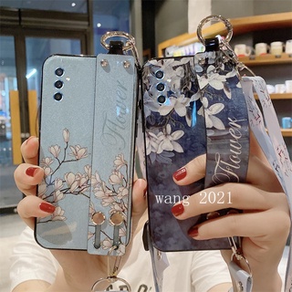 New Casing Samsung Galaxy M52 A52s 5G M32 M22 4G เคส Phone Case Glitter Gardenia Flower Pattern with Wristband Backpack Style TPU Soft Back Cover เคสโทรศัพท