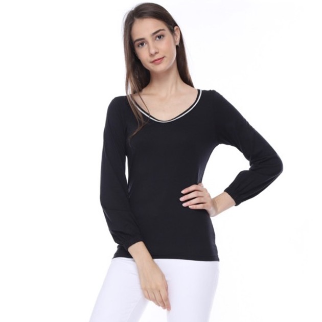 KATUN Zlata อักษรา เสื้อยืดแขนยาวผู้หญิงผ้าฝ้ายสีดํา Modal Casual Cheskaiva 19.04