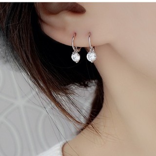 (silver 925)ต่างหูห่วงเงินแท้เกลี้ยง+ห้อยเพชร (หนา1.2*9 mm.) (ราคาต่อ 1คู่)