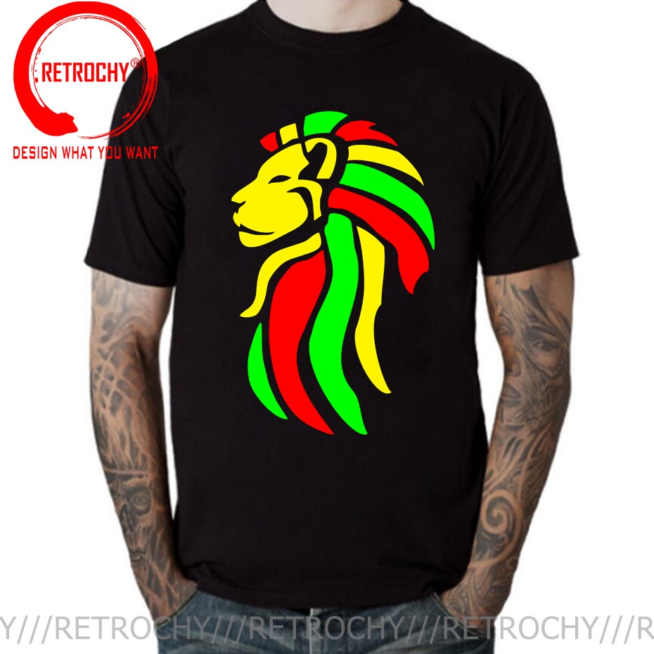แขนสั้นcrew neckเสื้อยืด พิมพ์ลายสิงโต Judah Reggae Music Rastafari Rasta T Awesome Gents Ethiopia Z